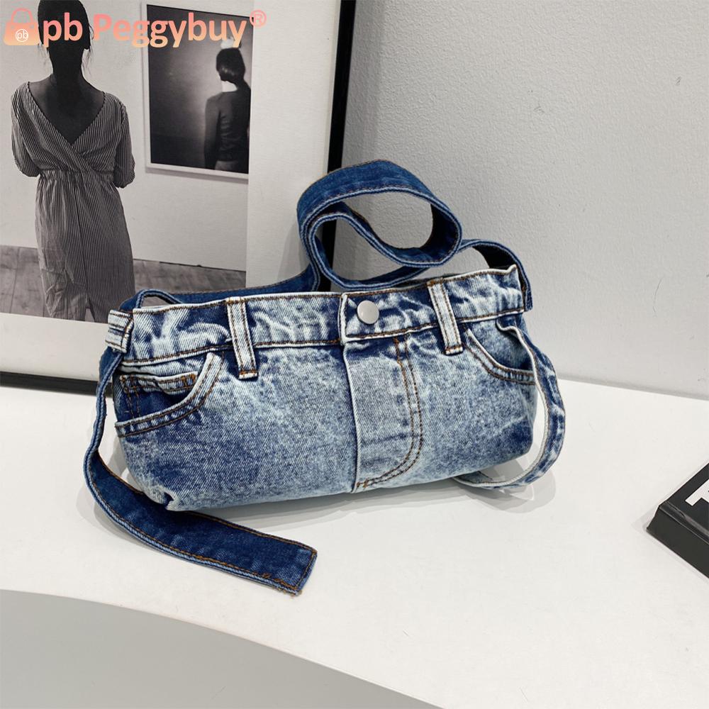 Denim Shoulder Bag with Zipper Women Handbag Vintage Clutch Purse Hobo Bag for Work Travel