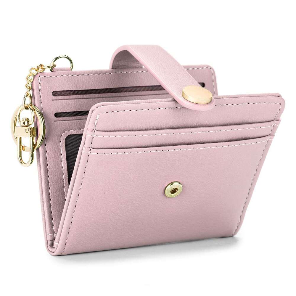 Bifold PU Leather Large Capacity Card Holder with Keychain Zipper ID Bag Multi-Card Slot Women's Ultra-Thin Wallet
