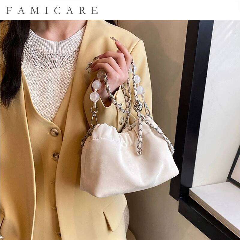 2025 New Women Chain Messenger Female Soft Split Leather Fashion Bucket Shoulder Bag Lady Casual Crossbody Pearl Dumpling Bags