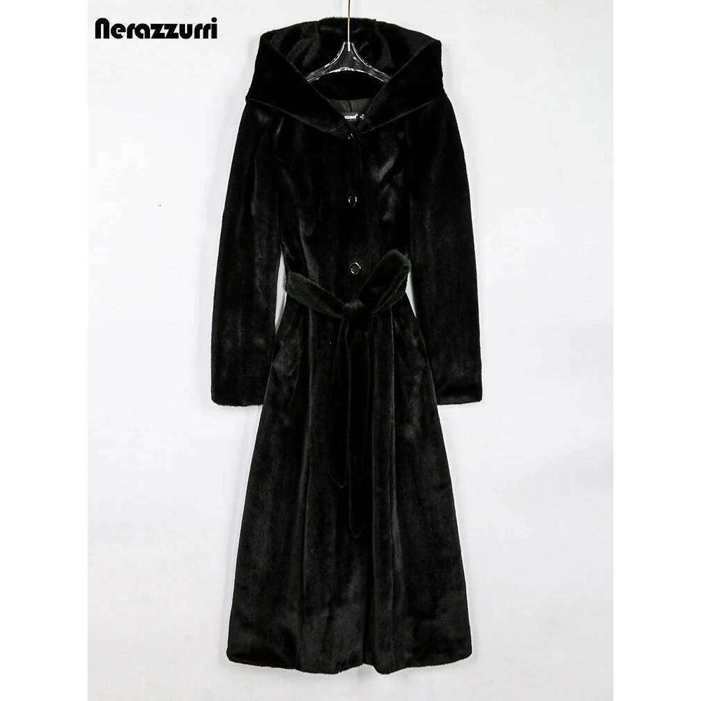 Nerazzurri Winter Long Soft Warm Fluffy Faux Mink Fur Coat Women with Hood Single Breasted Elegant Overcoat 2022