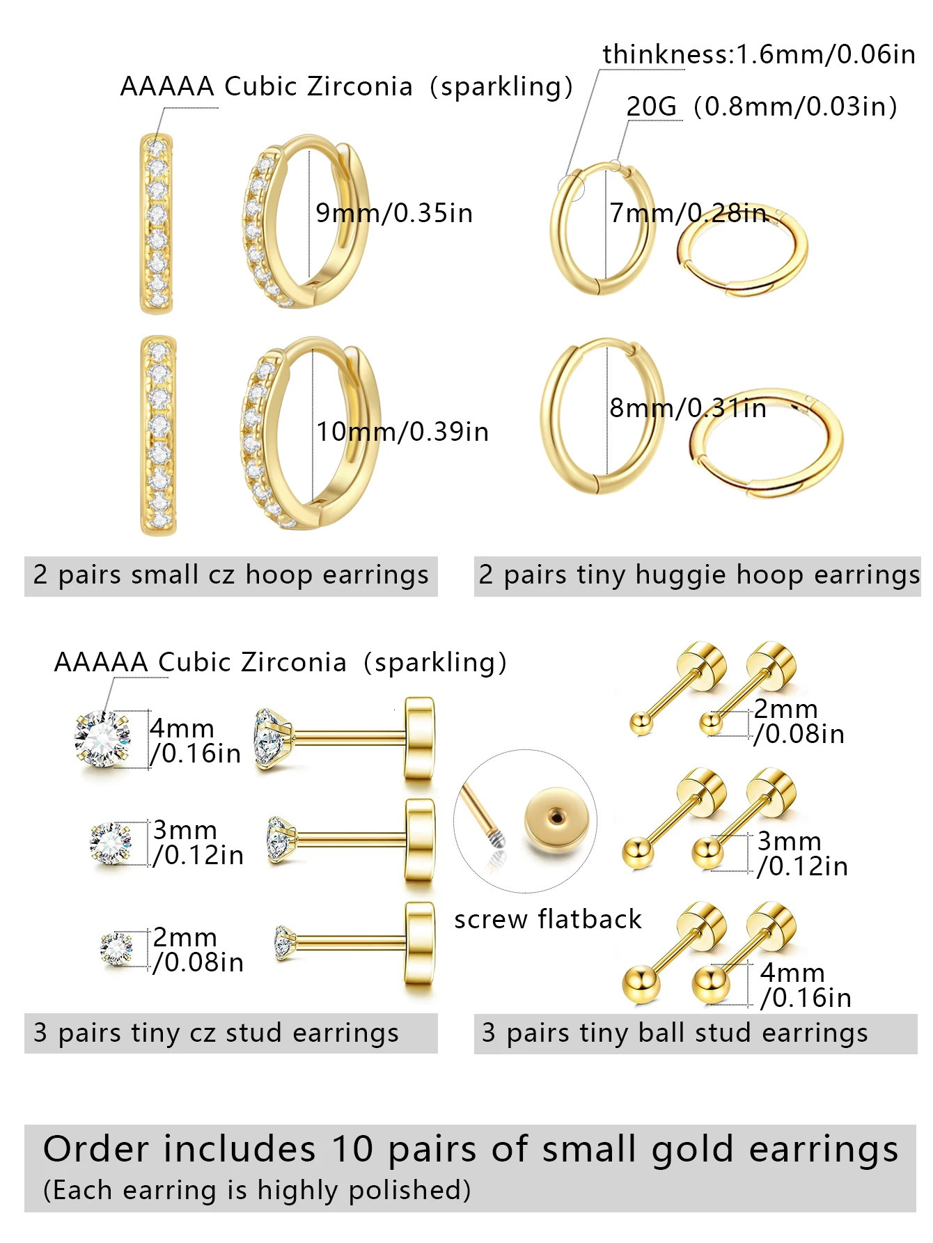 10 Pairs Small Gold Hoop Stud Earrings for Women Gold Plated Tiny Stainless Steel Earrings Sets for Multiple Piercing 250527