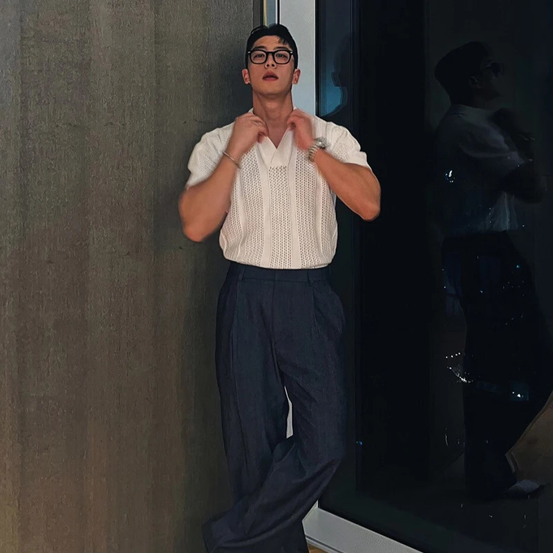 Mens Clothing Korean Hollow Out Polo Shirt Leisure V Neck Short Sleeve Solid Color Retro Streetwear Knitwear 250527