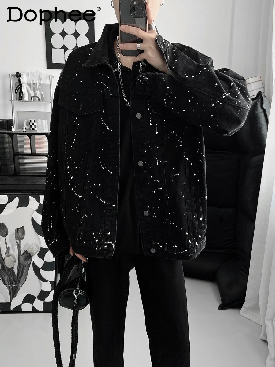 Mens 2024 Spring Autumn Loose Trendy Male Handsome Long Sleeve Tooling Denim Coats Casual Jacket Splash Ink Point Jackets 250516