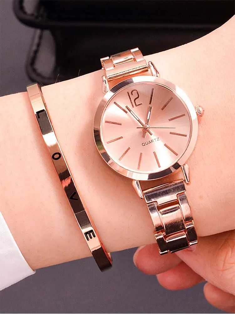 2pcs Womens Fashion Simple Steel Band Quartz Watch+LOVE Bracelet SetXJ250527