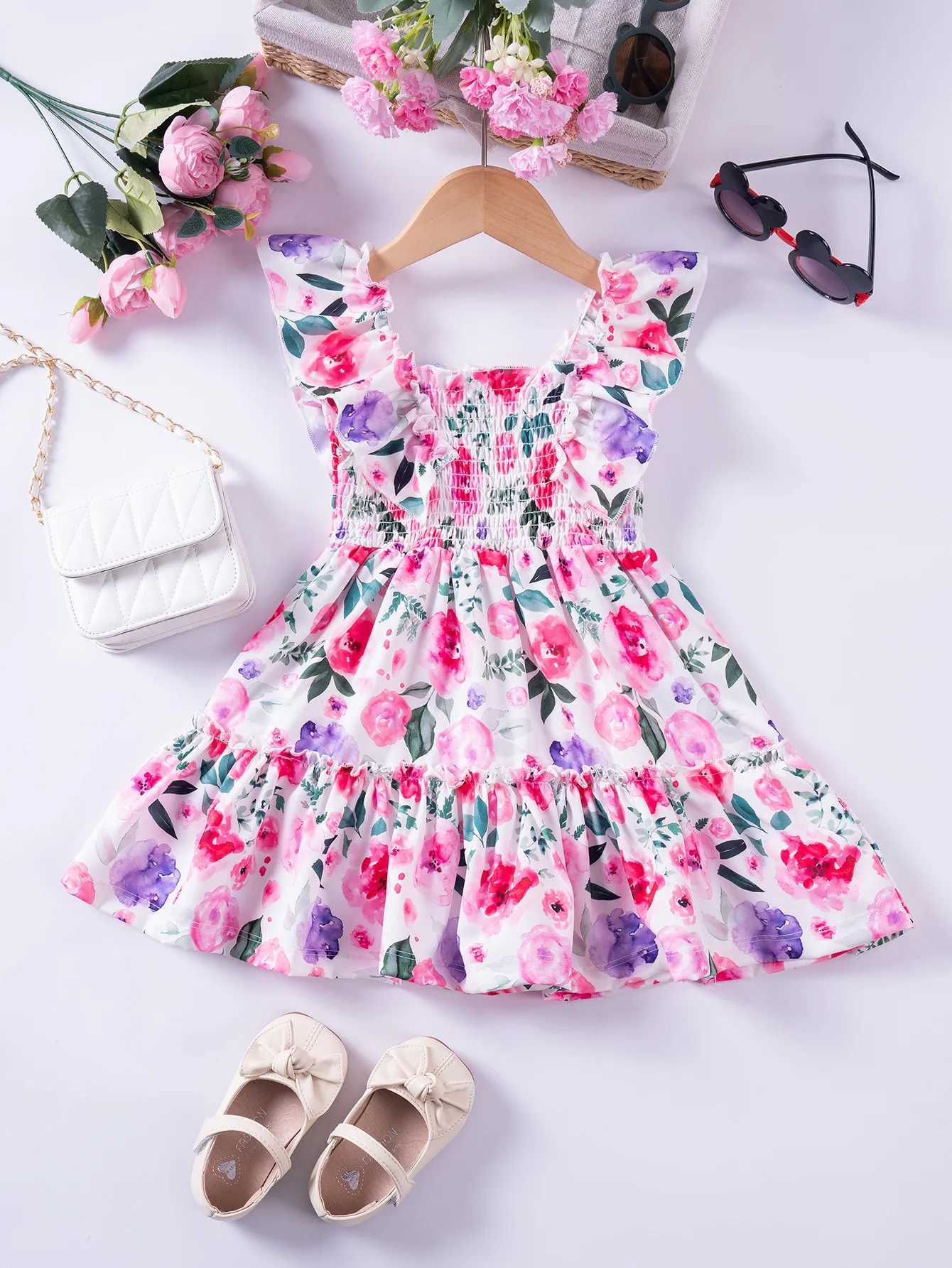 1 - 7 Y Baby Girls Sweet Floral Dress with Ruffled Sleeves Smocked Waist - Perfect for Party Summer Wear for Kids Girl Dress X250528