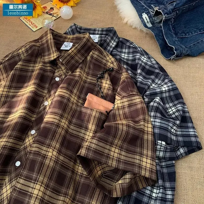 Summer Mens Loose Checkered Short Sleeved Shirt Casual Elegant Turn Collar Half Sleeved Shirt Jacket 250527