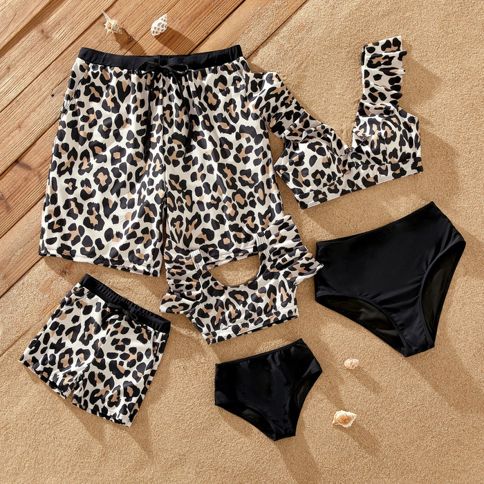 Family Matching Leopard Pattern Drawstring Swim Trunks or Ruffle Neck TwoPiece Bikini with Optional Cover Up Sarong Skirt 250528