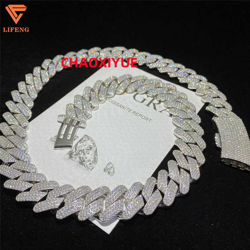 Full Iced out D Color VVS Moissanite Cuban Link Chain Necklace 925 Silver Hip Hop with Gold Plating Bling round Diamond