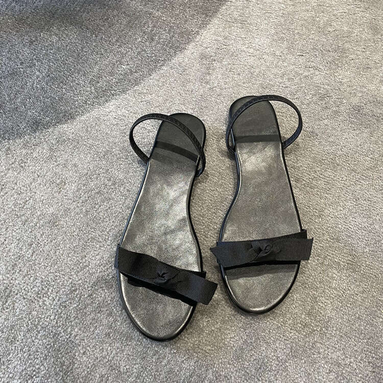 ~2025 Summer New Genuine Leather Fairy Style Bowknot Sandals for Women One-Strap Flat Slippers