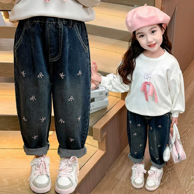 Girls Bow Jeans Pants Spring Kids Elastic Loose Denim Autumn Children Bowknot Print Trousers Fashion Harlequin 210Y 250528