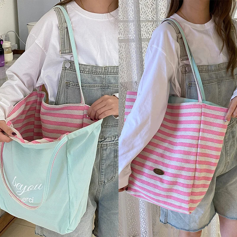 Casual Striped Canvas Shoulder Bags for Women Large Capacity Ladies Shopping Tote Bag Double-sided Simple Female Handbags 250526