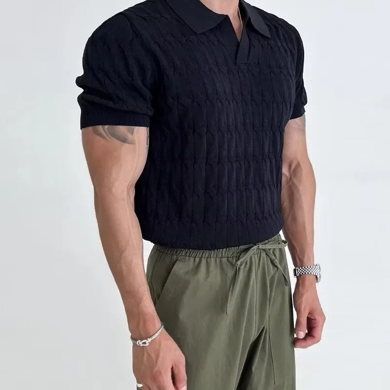 Jacquard Knitted Polo Mens Casual V-neck Striped T-shirt Solid Color Short Sleeve Lightweight Breathable Clothing 250527
