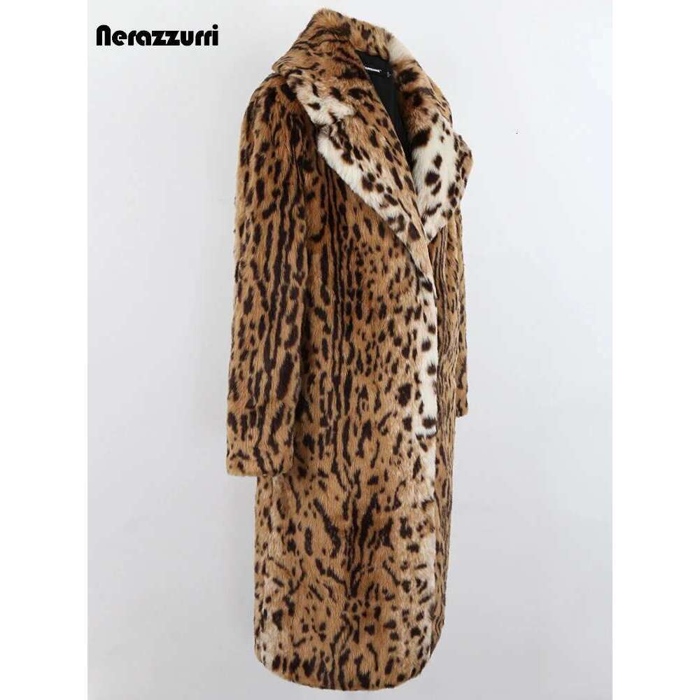 Nerazzurri Winter Long Loose Thick Warm Soft Fluffy Leopard Print Faux Fur Coat Women Lapel Runway European Fashion 2022