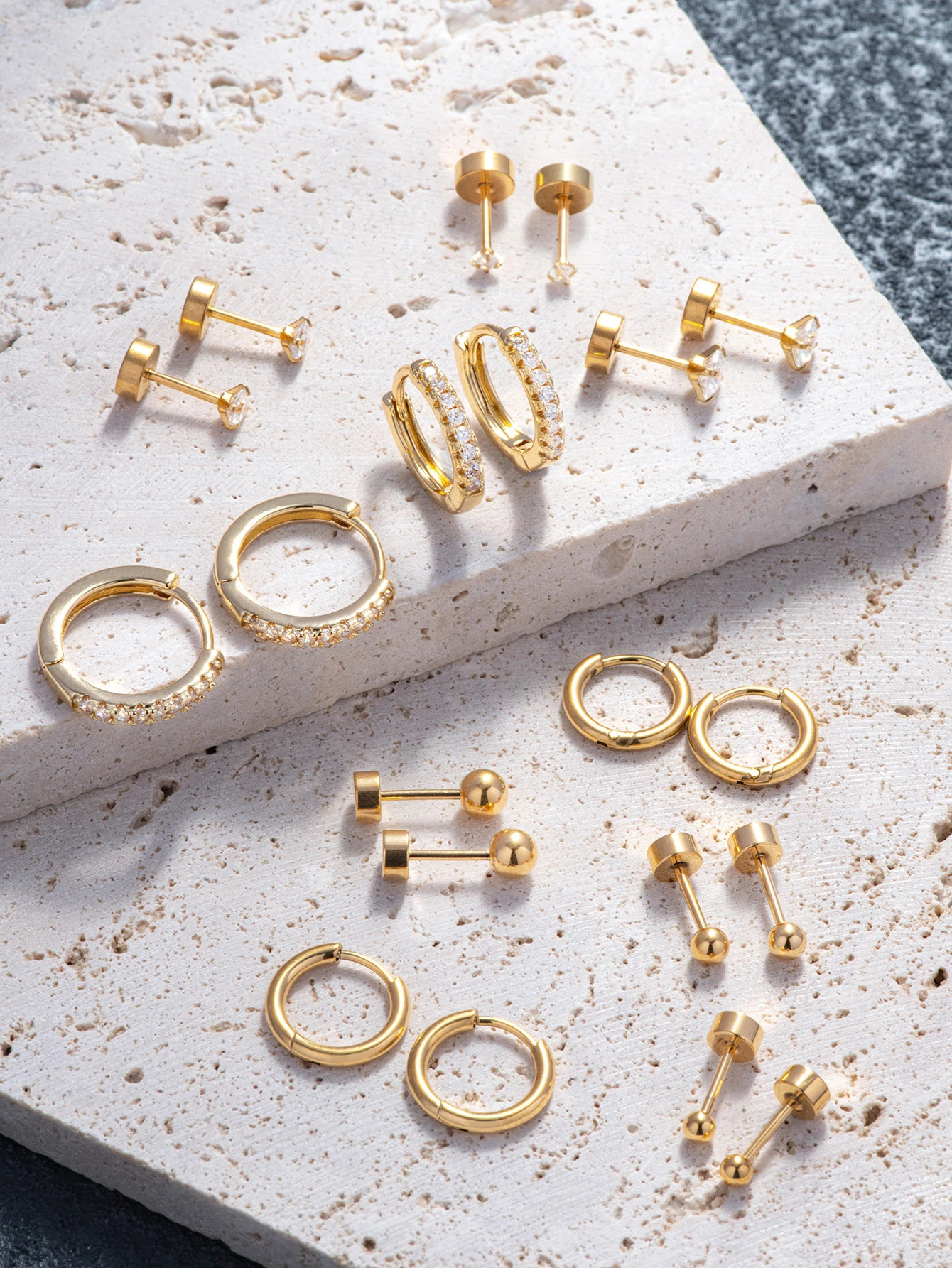 10 Pairs Small Gold Hoop Stud Earrings for Women Gold Plated Tiny Stainless Steel Earrings Sets for Multiple Piercing 250527