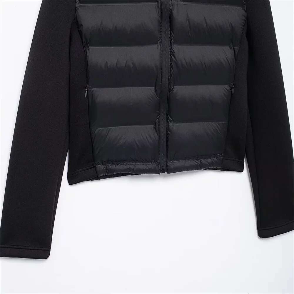 ZBZA Woman's Neoprene Effect Jacket High Collar Long Sleeves Hooded Splice Warm Overcoat Autumn Winter New Female Chic Outerwear