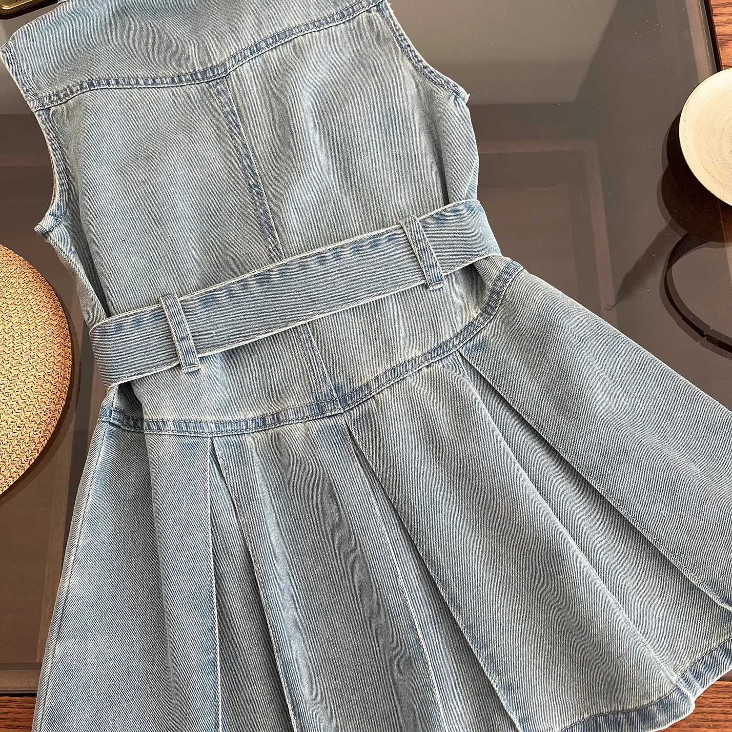 2025 Summer New Girls Denim Dress Belt Decoration Lapel Collar Sleeveless Tutu Princess Dress For 2 -10 Years Kids Fashion Dress X250528