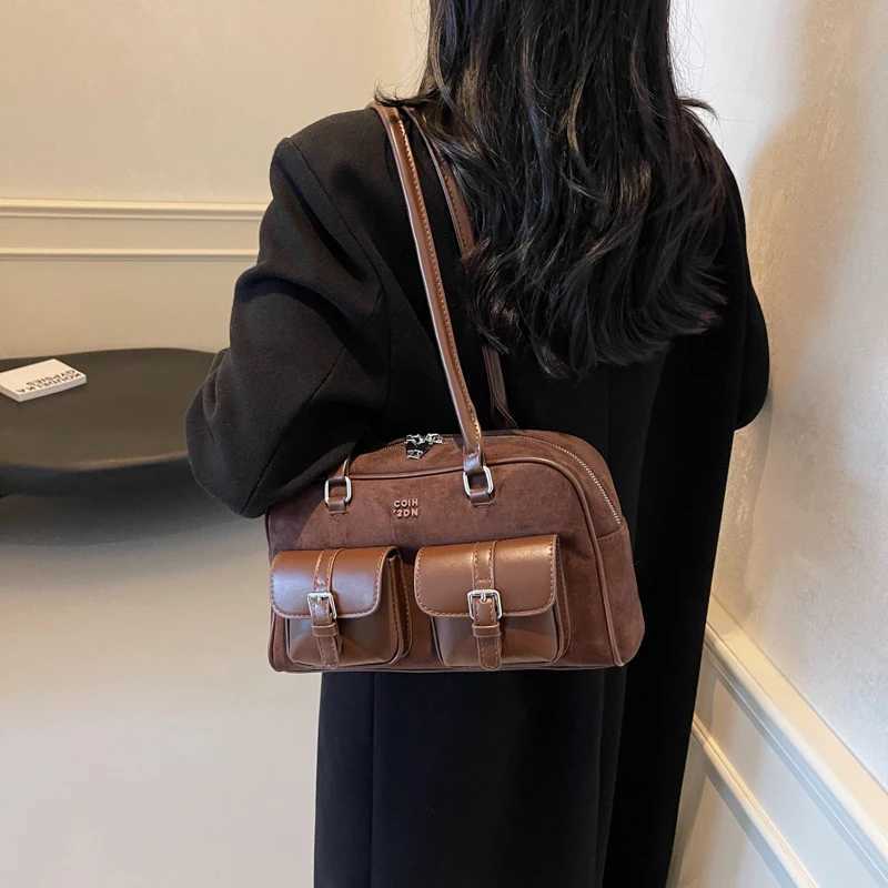 Women Vintage Shoulder Bag PU Leather Retro Tote Handbag Multi-Pockets Slouchy Tote Purse Female Travel Work Bag Y250528