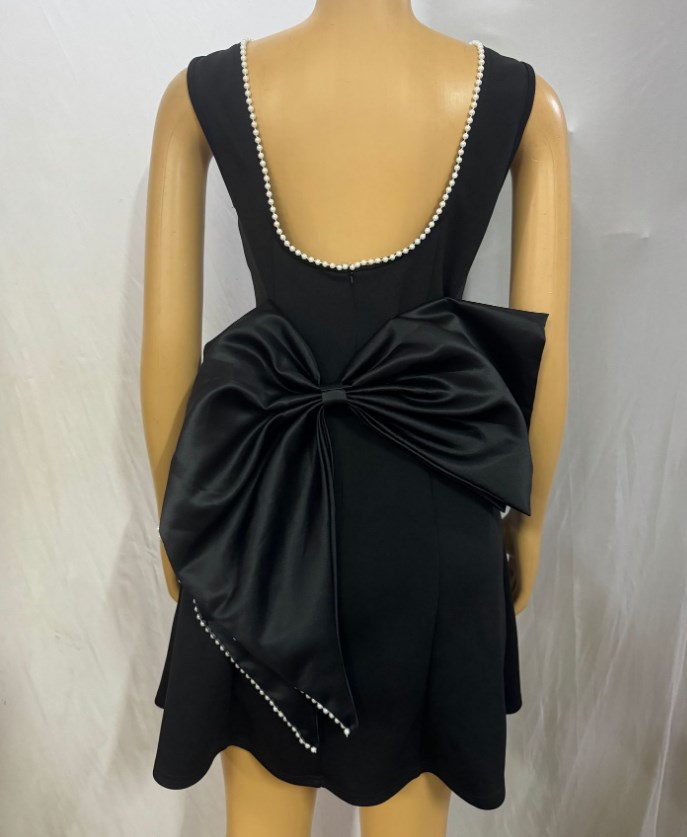 Casual Dresses Elegant Pearl Bow Backless Short Dress Women's Sleeveless Party Cute Mini Black White Pink Chic Birthday Evening Y2K