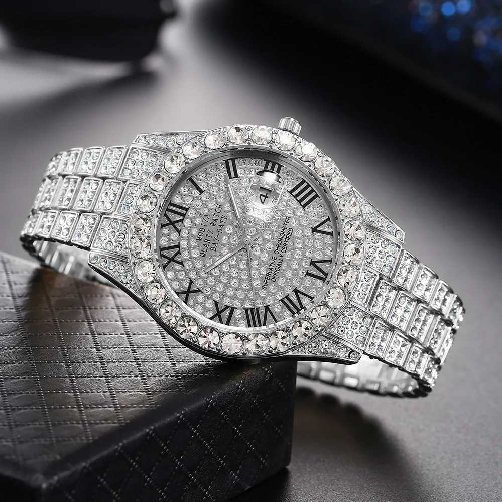 Luxury Classic Golden Mens Steel Strap Roman Scale Rhinestone Calendar Quartz Watch Fashion Male Wristwatch Relogio Masculino XJ250527