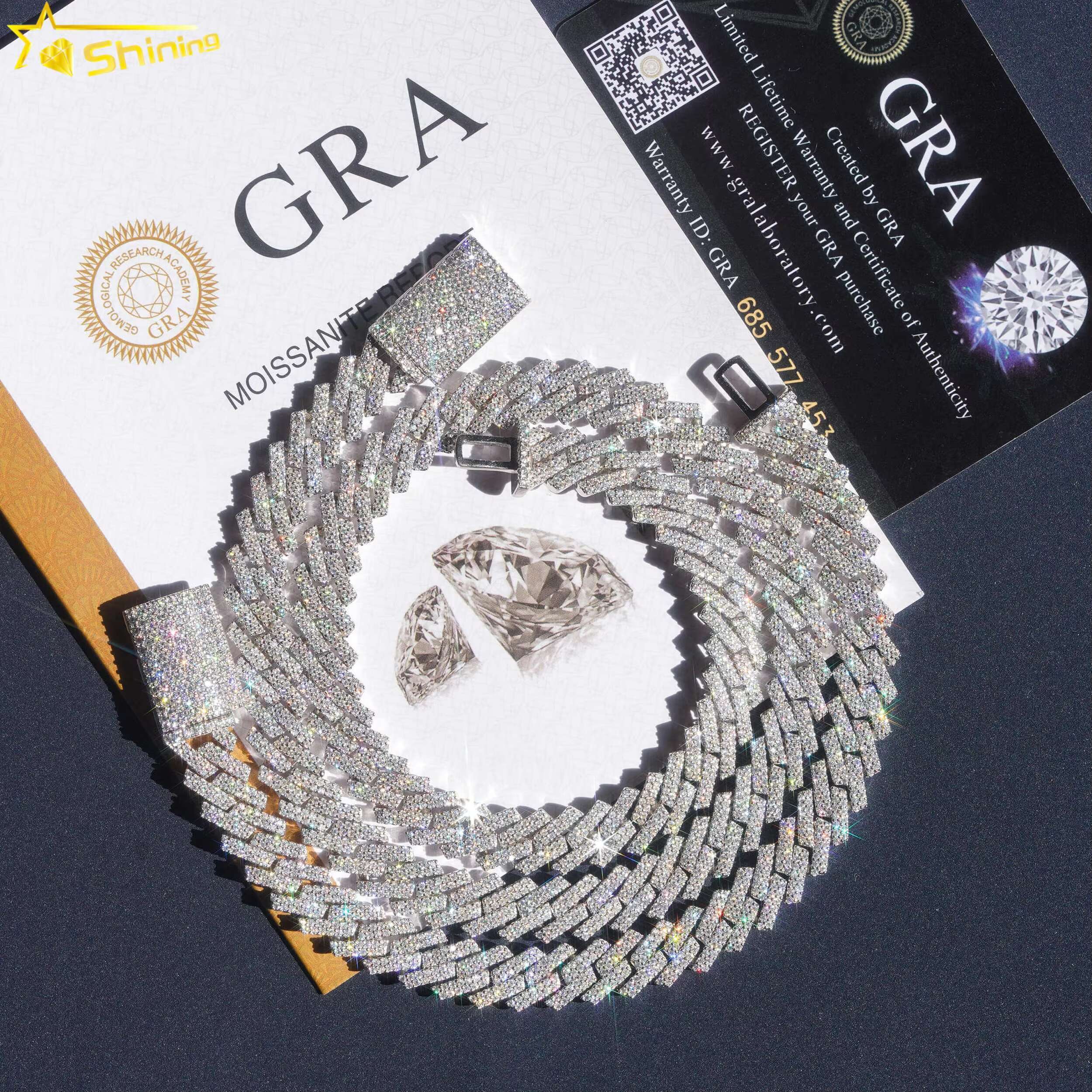 Iced Out Hip Hop Moissanite Miami Cuban Chain Necklace 10mm 15mm 925 Sterling Silver Mossanite Cuban Link Chain