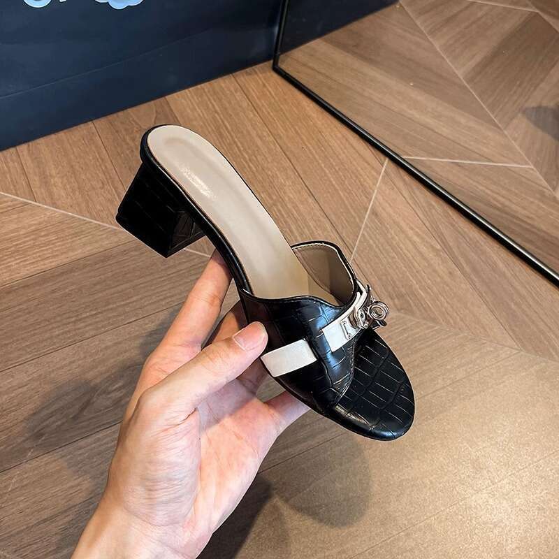 Genuine Leather Korean Crocodile Pattern High for Women Summer Open Toe Small Gold Buckle One Strap Chunky Heel White Sandals