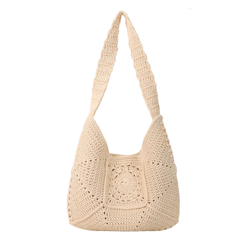 2025 new single shoulder large capacity cotton thread new grandmother grid grass woven vacation beach bag designer multifunctional women's bag