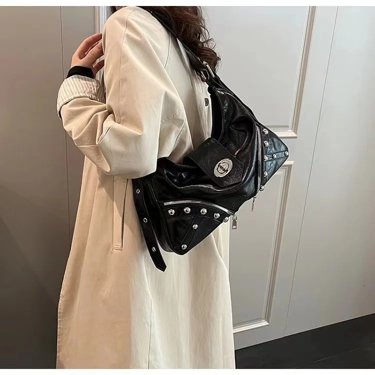 Y2K Vintage Gothic Cool Shoulder Underarm Tote Bag Ladies Sling Bags Leather Rock Girls Zip Purses Casual Bagutte Women Handbags 250526