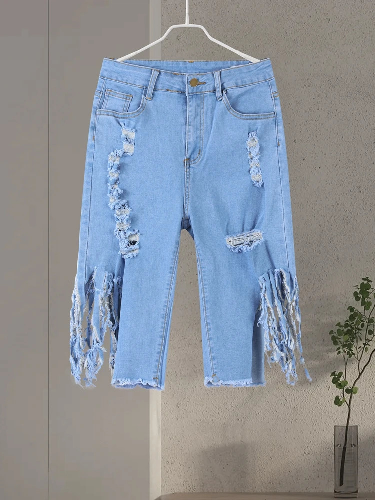 Knee Length Short Jean Chic Washed Tassel Ripped High Waist Holes Denim Pant Spliced Pockets Skinny Distressed Streetwear 250516Z
