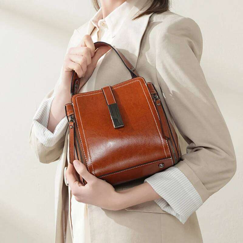 Burminsa Vintage Genuine Leather Bucket Small Shoulder Crossbody Bags For Women 2025 Designer Top Handle Ladies Handbags