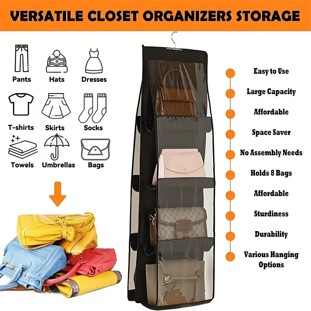1pc 6/8 Grids Purse or Handbag Hanging Closet Organizers Clothes and Bra Transparent Hanger Storage On Wall Towel Locker Shelf 250526