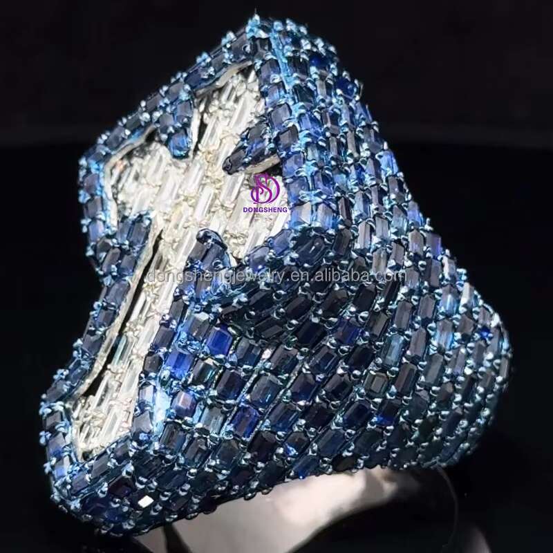 Luxury Custom Jewelry Hip Hop Vvs Moissanite Diamond Ring Bling Iced Out Hip Hop 925 Silver Moissanite Blue Ring for Mens