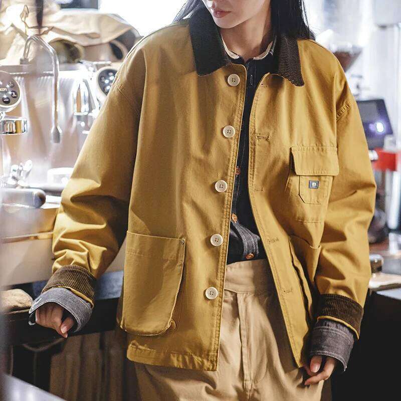 Maden Women's Corduroy Lapel Collar Spring Ginger and Beige Color Working Jacket Oversized Vintage Coat Hunting Tops