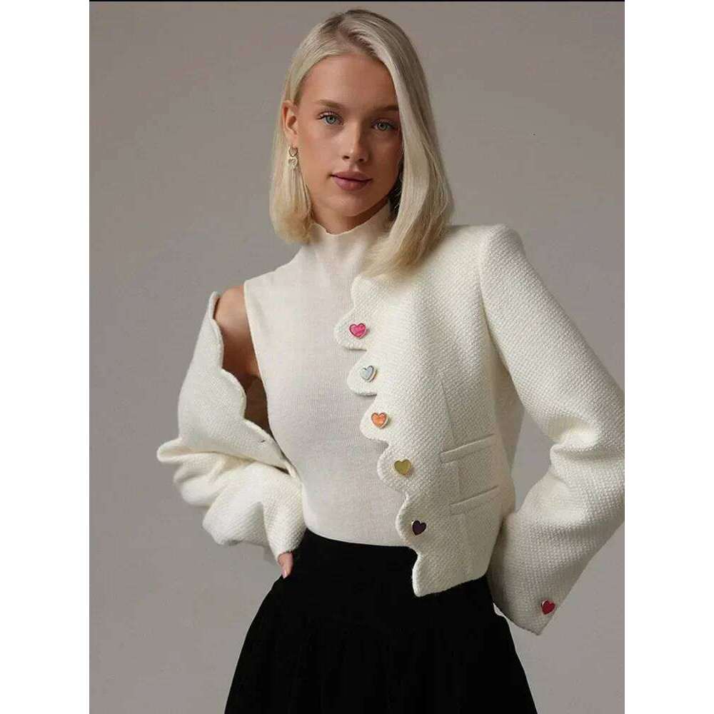 Small Fragrance Lady Elegant Solid Cute Buttons Jacket Fashion Irregular Collar Long Sleeve Coat Woman Fall Causal Commuter Wear