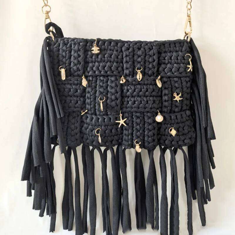 Handmade Crochet women's Shoulder Elegant Sling with Tassel for Ladies New Arrival in Style Trendy black Bag