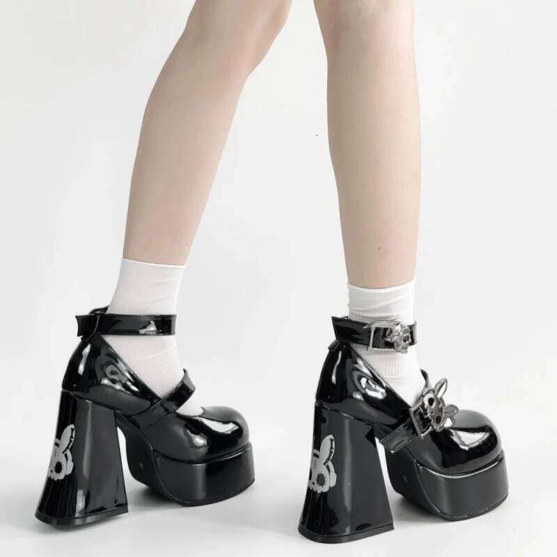 Mary Janes Lolita Metal Decoration Round Toe Thick Sole Platform Chunky Heels Women Pumps Buckle Strap Fashion Punk Sexy Shoes