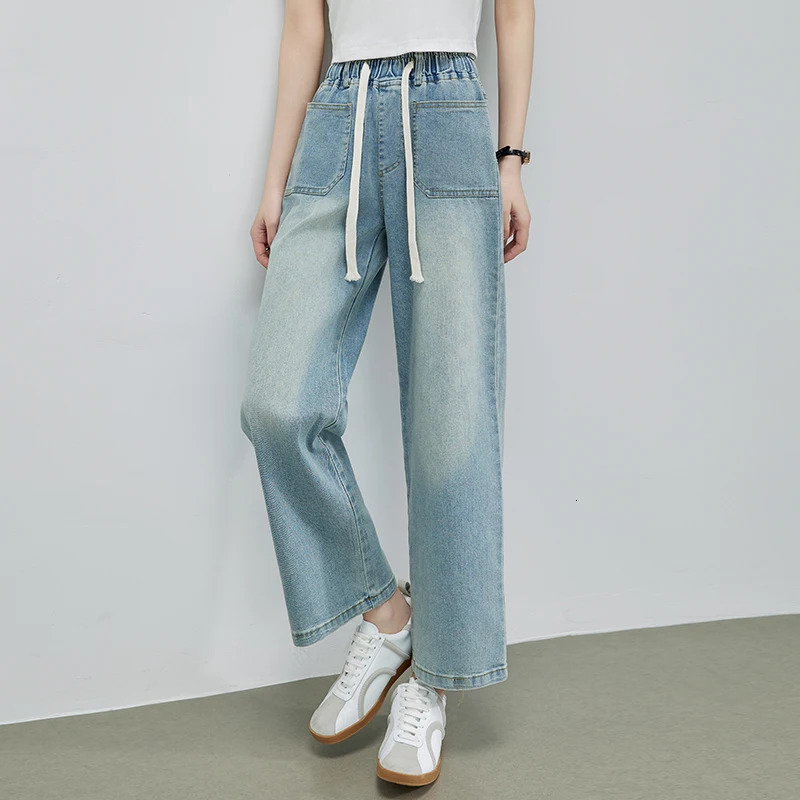 2025 Summer Denim Jean High Elastic Waist Drawstring Bleached Wide Leg Blue Pants Streetwear Trousers 250516Z