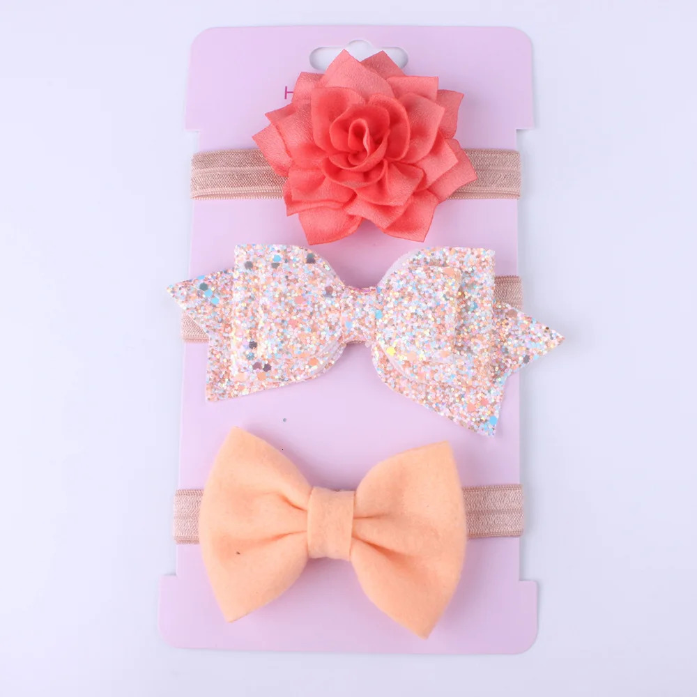 3PCS Baby Girls Glitter Bow Headband Set with Floral Elastic Hairband - Adorable Hair Accessories for Little Ones One Size 250528
