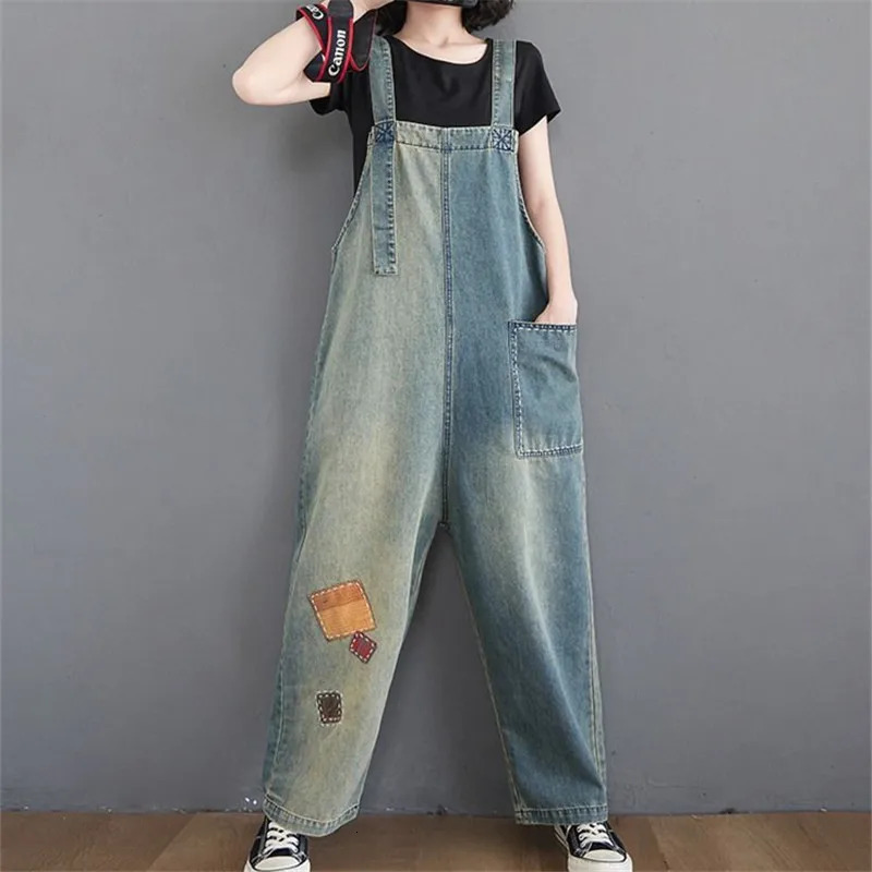 Casual Patchwork Denim Overalls women Spring Summer 2025 Artistic Vintage Suspender Jumpsuit Straight leg Pants Female B920 250523