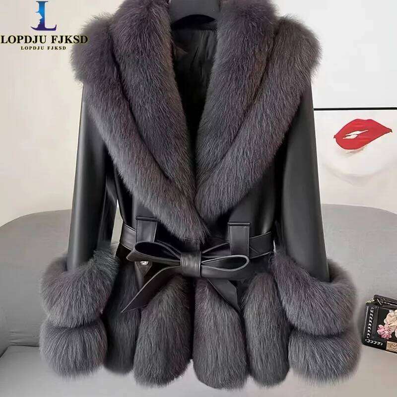 Faux Fur Coat for Women,Adjustable Waist Leather Jacket,Turn-down Collar, Thick Warm Clothes, High Quality, Autumn and Winter