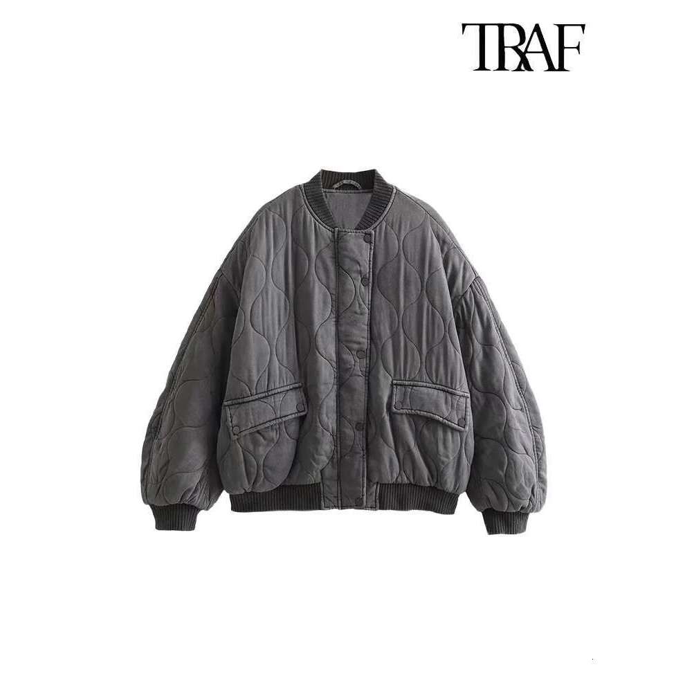TRAF Women's Fashion Round Collar Single Breasted Long Sleeve Aviator Solid Color Quilted Commuter Warm Casual Jacket