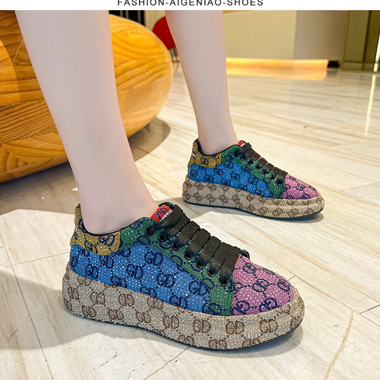 Free shipping designer women's shoes, fashionable diamond ironing, thick-soled casual sports shoes, versatile color-blocking letter-printed sneak