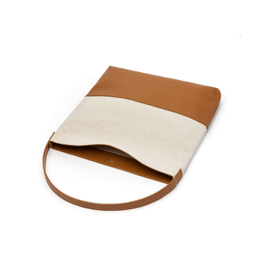 Color-Block Cowhide and Canvas Casual Lazy Style Underarm Shoulder Large Capacity Tote Bag for Women