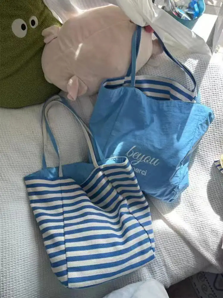 striped canvas bag Korean style AB double-sided large capacity shoulder bag tote bag lazy casual commuting 250526