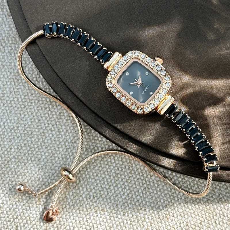 Womens Inlaid Zircon Flexible Pull Out Bracelet with Diamond Square Alloy Case Rhinestone Scale Simple Dial Quartz Watch XJ250527
