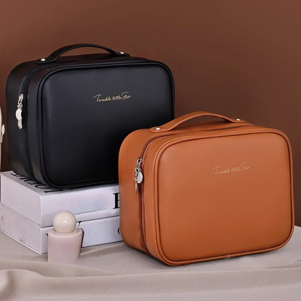 Women PU Leather Double Layer Travel Makeup Wash Clear Cosmetic Bag With Zipper Multi-Compartment Waterproof Toiletry Organizer 250527