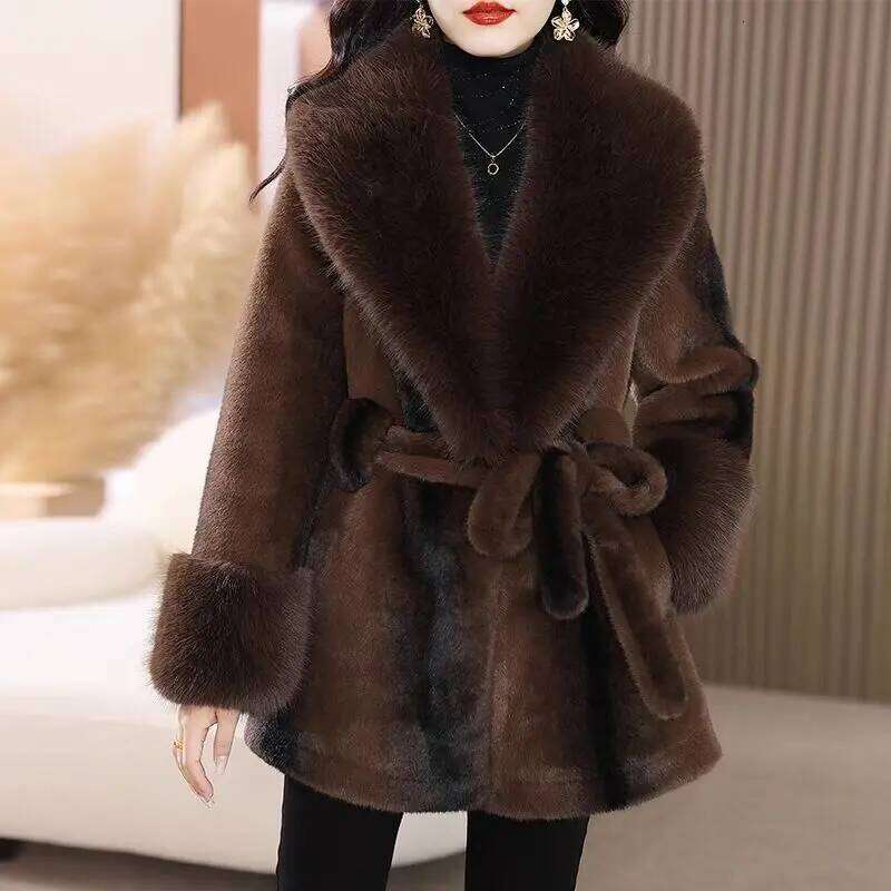 Imitation Mink Veet Jacket Women's Overcoat Winter 2024 New Fashion Loose Belt Medium Long Thick Warm Fur Coat Outwear
