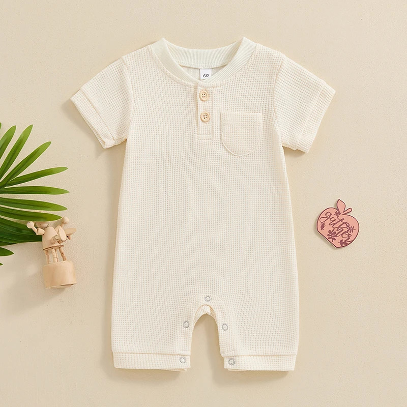 -04-03 Lioraitiin born Baby Boy Jumpsuit Summer Short Sleeve Solid Color Button Romper Waffle Playsuit 250528
