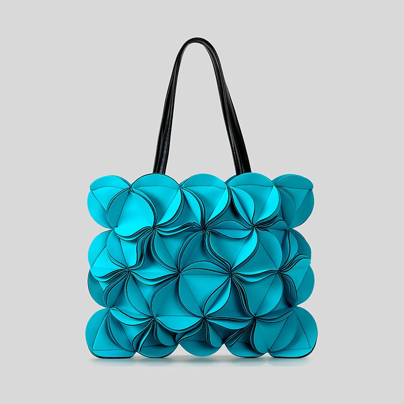 Adult Trendy Pleated Flower Handbag Ins Design PU Splicing Square Shoulder Bag Women's Fashion 3D Flower Casual Tote Bag