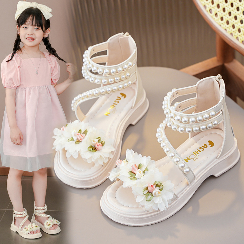 Girl Sandals Summer Toddler Sandals for Girls Fashion Sweet Kidsnest Kids Causal Pearl Roman Sandals Solid Color Sizes US7C-US5Y K0702
