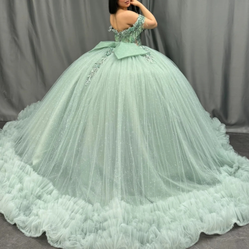 Mint Green Shiny Quinceanera Dresses Ball Gown Off The Shoulder Applique Lace Beading Crystal Bow Tiered Tull Party Birthday Sweet 16 Dress Vestidos 1